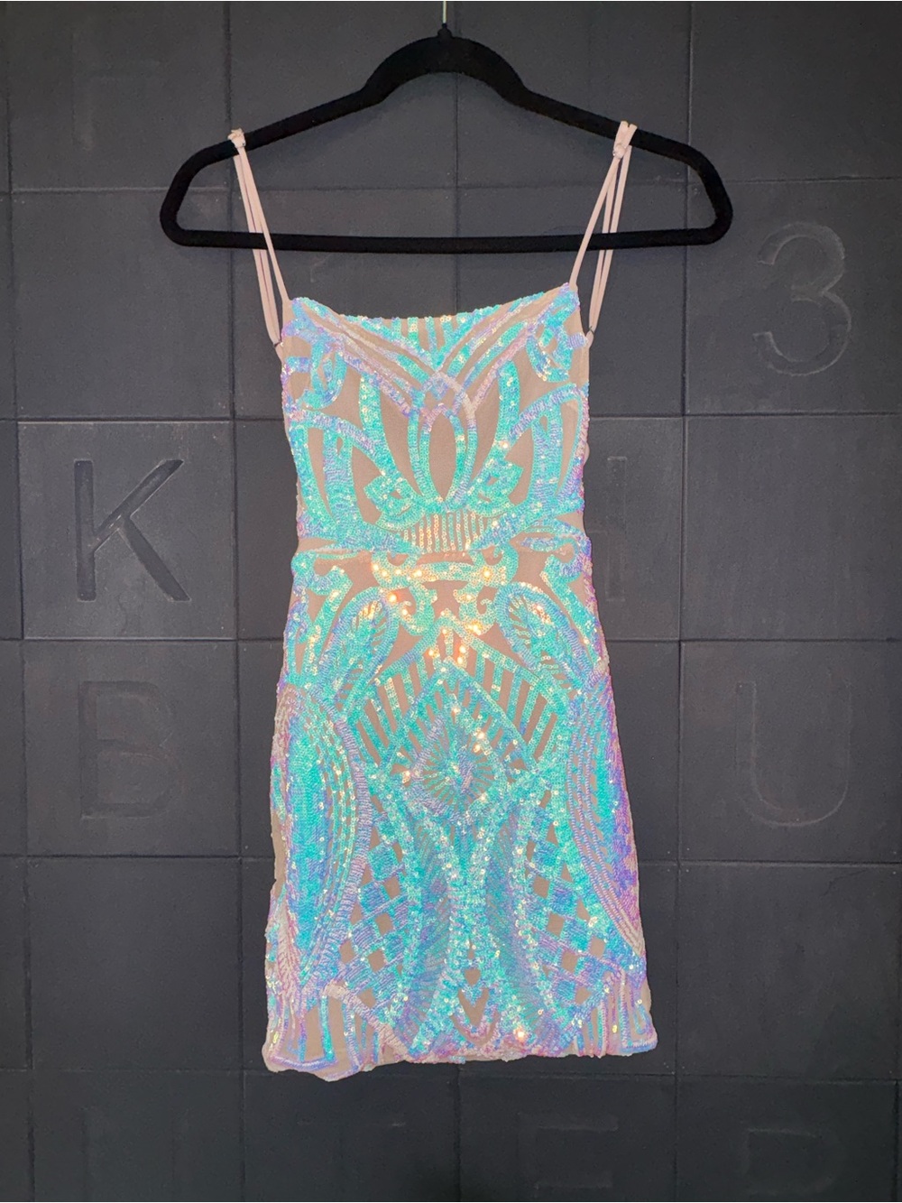 Lucy in the Sky Iridescent Aqua Sequin Spaghetti-Strap Mini Dress